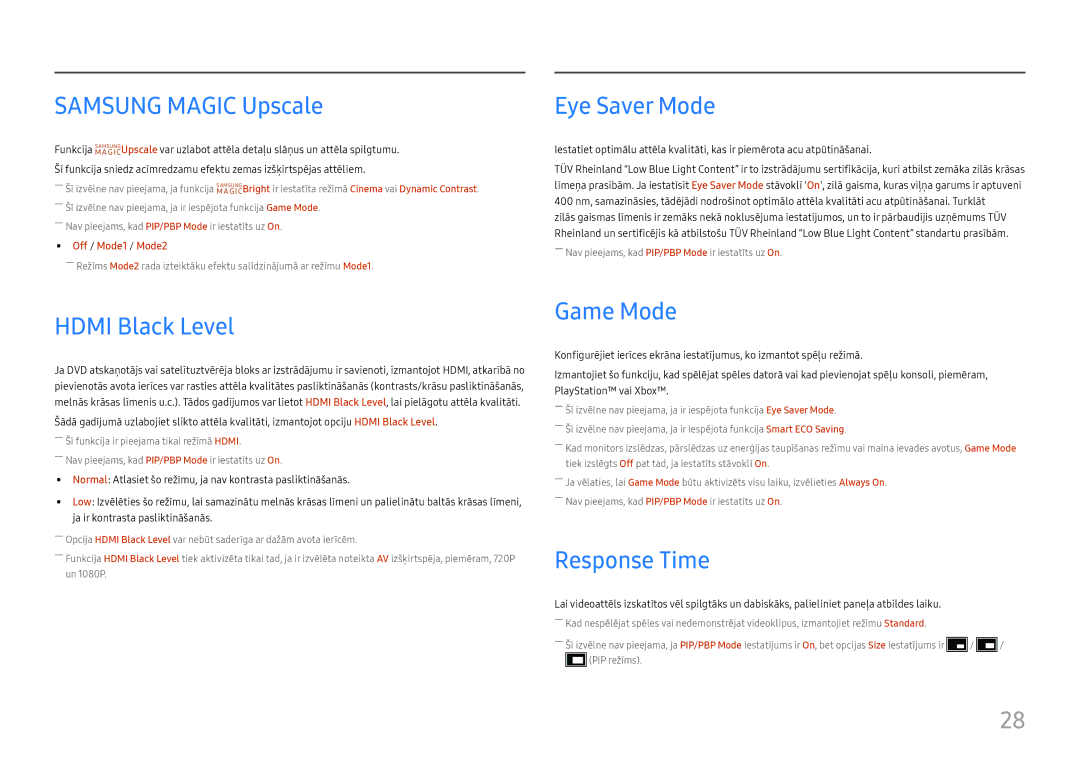 Samsung LC34H890WJUXEN manual Samsung Magic Upscale, Eye Saver Mode, Hdmi Black Level, Game Mode, Response Time 