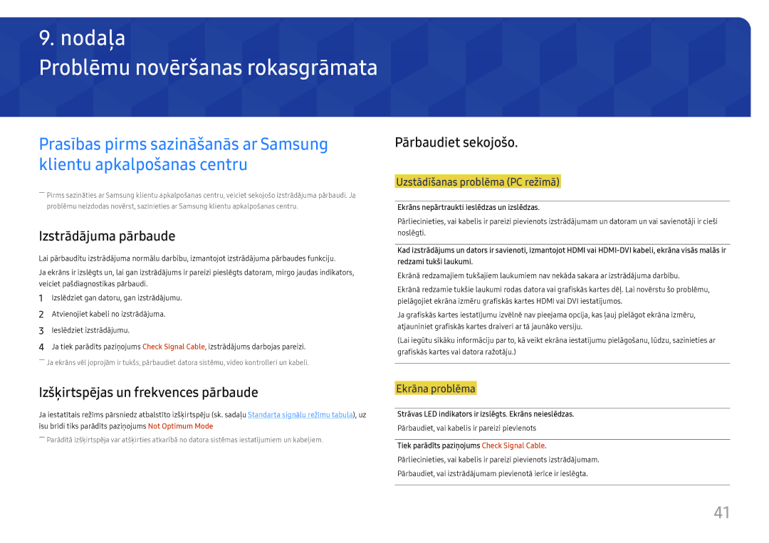 Samsung LC34H890WJUXEN manual Problēmu novēršanas rokasgrāmata, Izstrādājuma pārbaude, Pārbaudiet sekojošo 