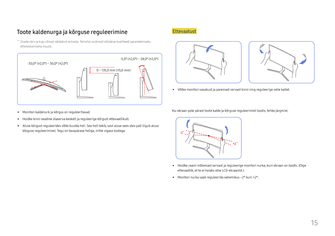 Samsung LC34H890WJUXEN manual Toote kaldenurga ja kõrguse reguleerimine, +2˚ 