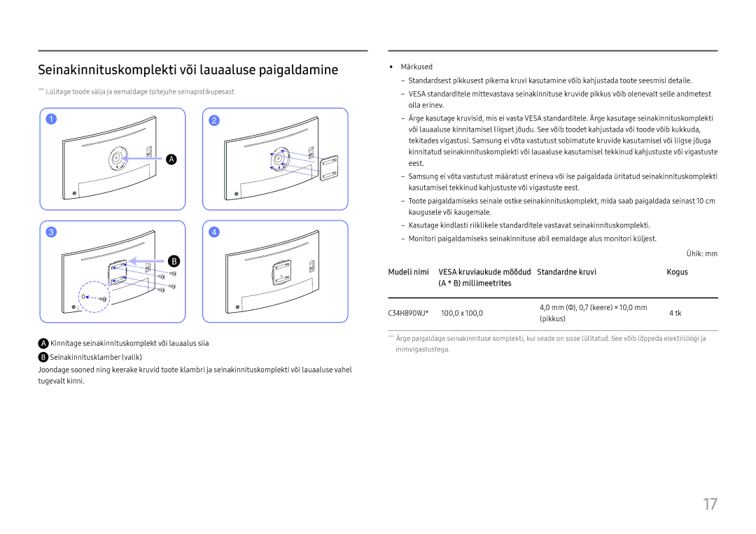 Samsung LC34H890WJUXEN manual Seinakinnituskomplekti või lauaaluse paigaldamine 