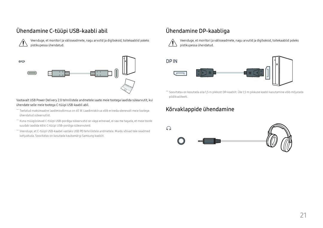 Samsung LC34H890WJUXEN manual Ühendamine C-tüüpi USB-kaabli abil, Ühendamine DP-kaabliga, Kõrvaklappide ühendamine 