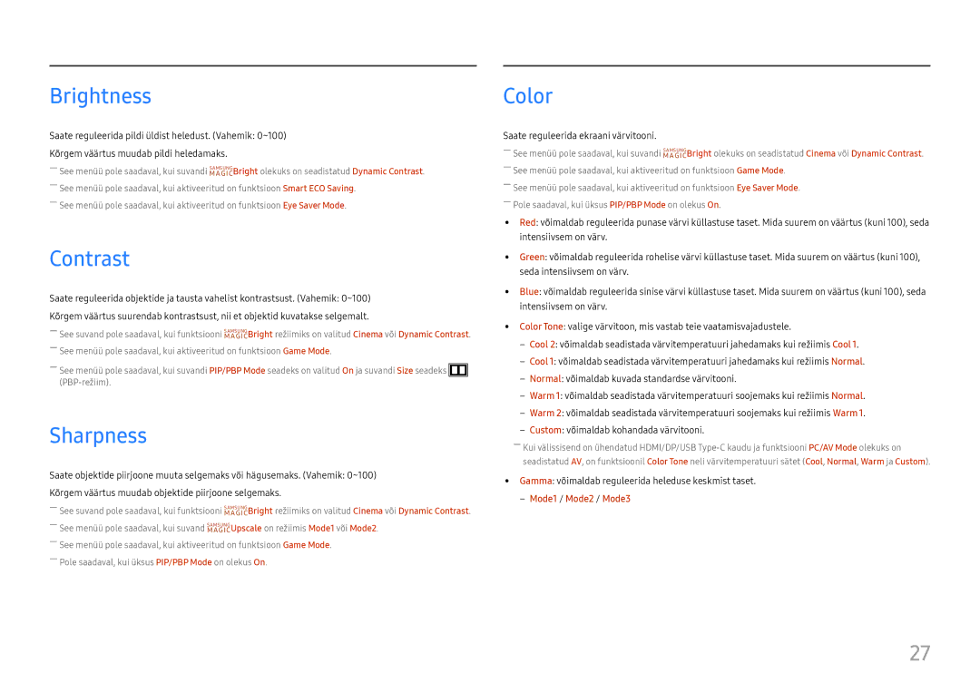 Samsung LC34H890WJUXEN manual Brightness, Contrast, Sharpness, Color 