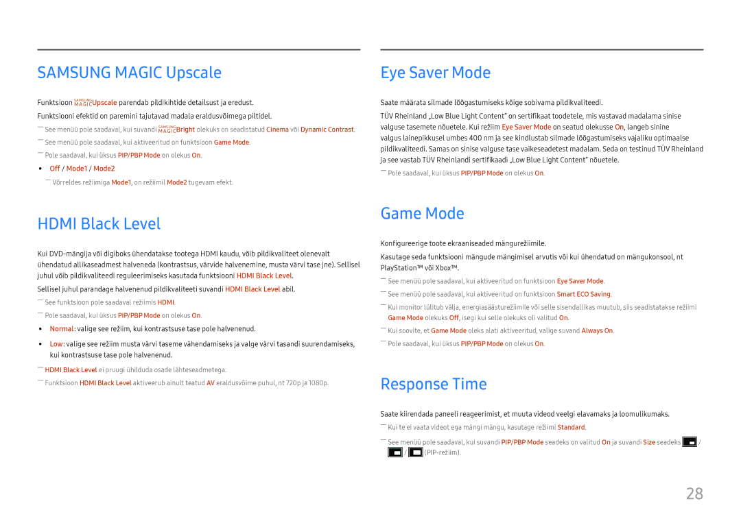 Samsung LC34H890WJUXEN manual Samsung Magic Upscale, Eye Saver Mode, Hdmi Black Level, Game Mode, Response Time 