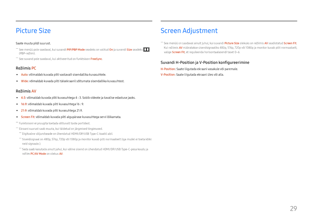 Samsung LC34H890WJUXEN manual Picture Size, Screen Adjustment 