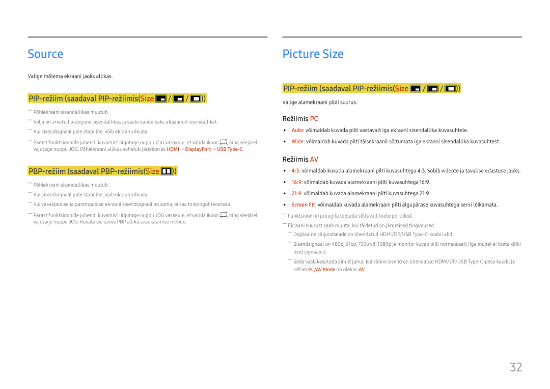 Samsung LC34H890WJUXEN manual Source, PIP-režiim saadaval PIP-režiimisSize 