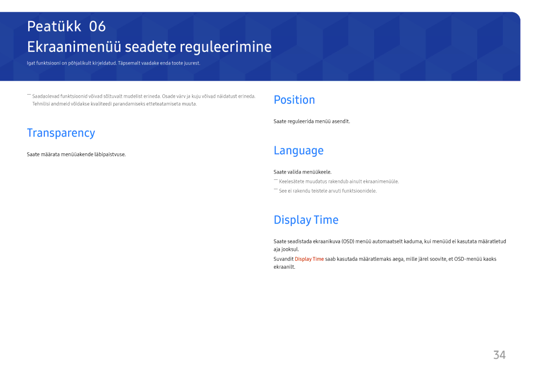 Samsung LC34H890WJUXEN manual Ekraanimenüü seadete reguleerimine, Transparency, Language, Display Time 