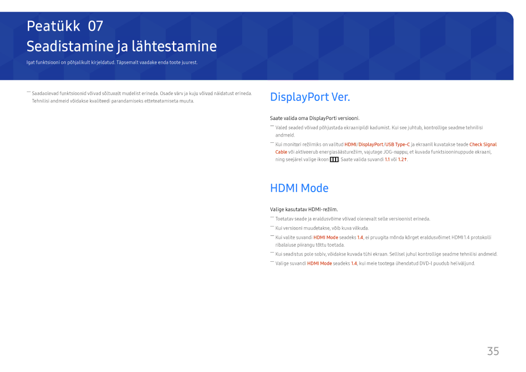 Samsung LC34H890WJUXEN manual Seadistamine ja lähtestamine, DisplayPort Ver, Hdmi Mode 