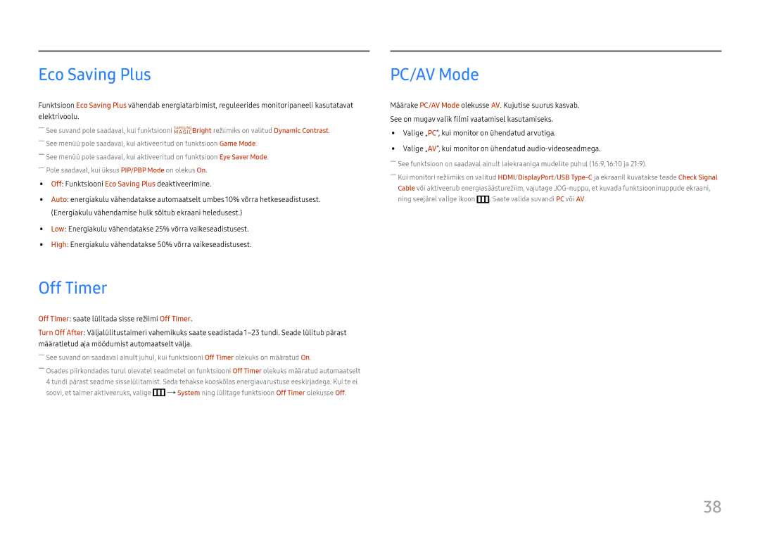 Samsung LC34H890WJUXEN manual Eco Saving Plus, Off Timer, PC/AV Mode 
