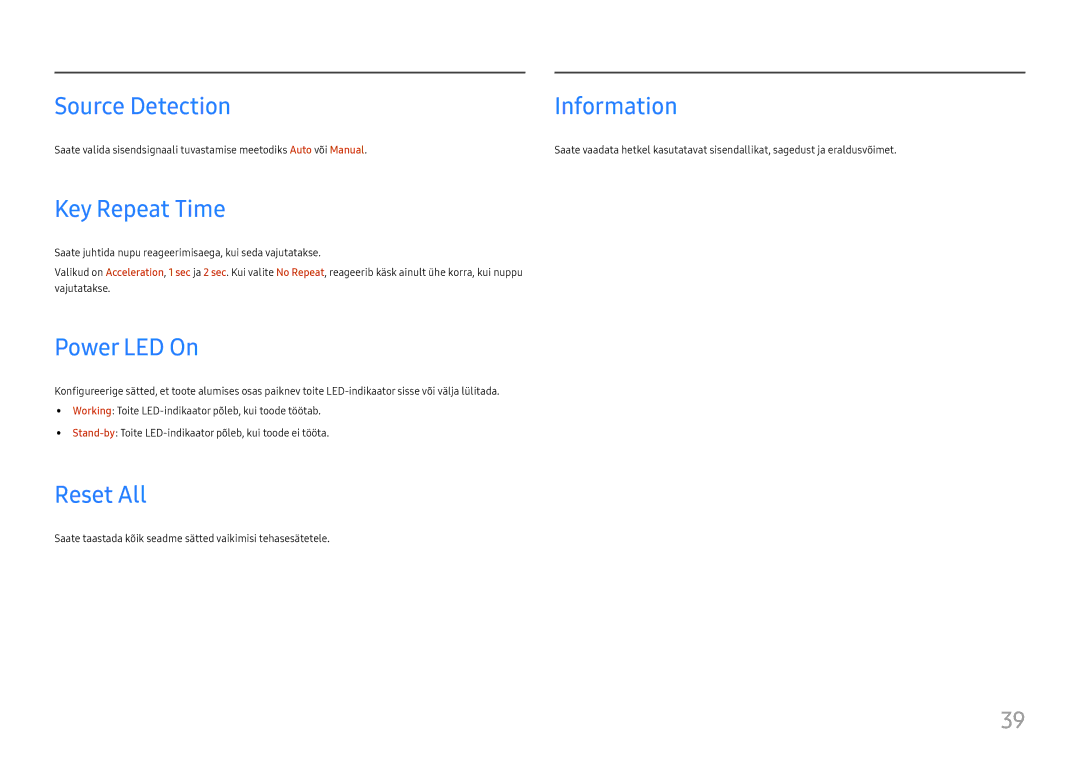 Samsung LC34H890WJUXEN manual Source Detection, Information, Key Repeat Time, Power LED On, Reset All 