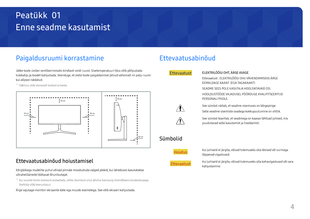 Samsung LC34H890WJUXEN manual Enne seadme kasutamist, Paigaldusruumi korrastamine Ettevaatusabinõud, Sümbolid 