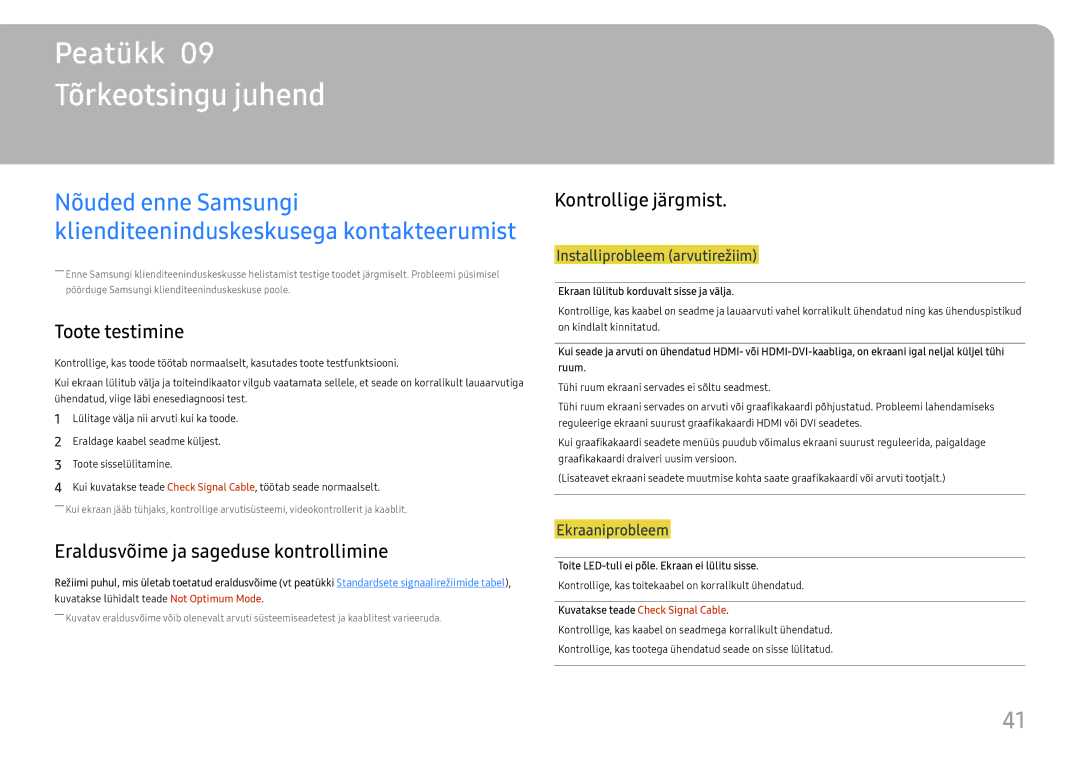 Samsung LC34H890WJUXEN Tõrkeotsingu juhend, Toote testimine, Eraldusvõime ja sageduse kontrollimine, Kontrollige järgmist 