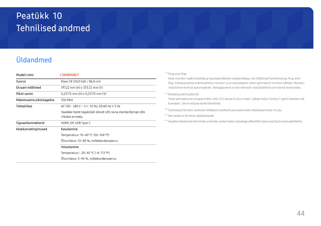 Samsung LC34H890WJUXEN manual Tehnilised andmed, Üldandmed 