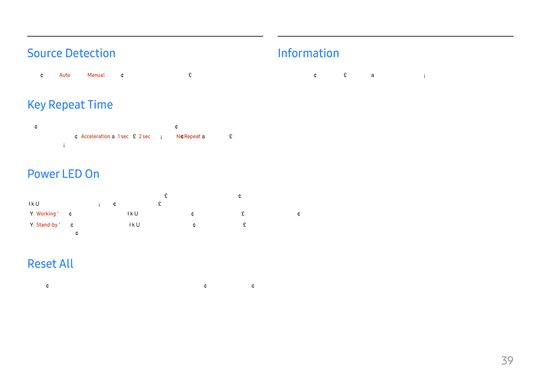 Samsung LC34H890WJUXEN manual Source Detection Information, Key Repeat Time, Power LED On, Reset All 