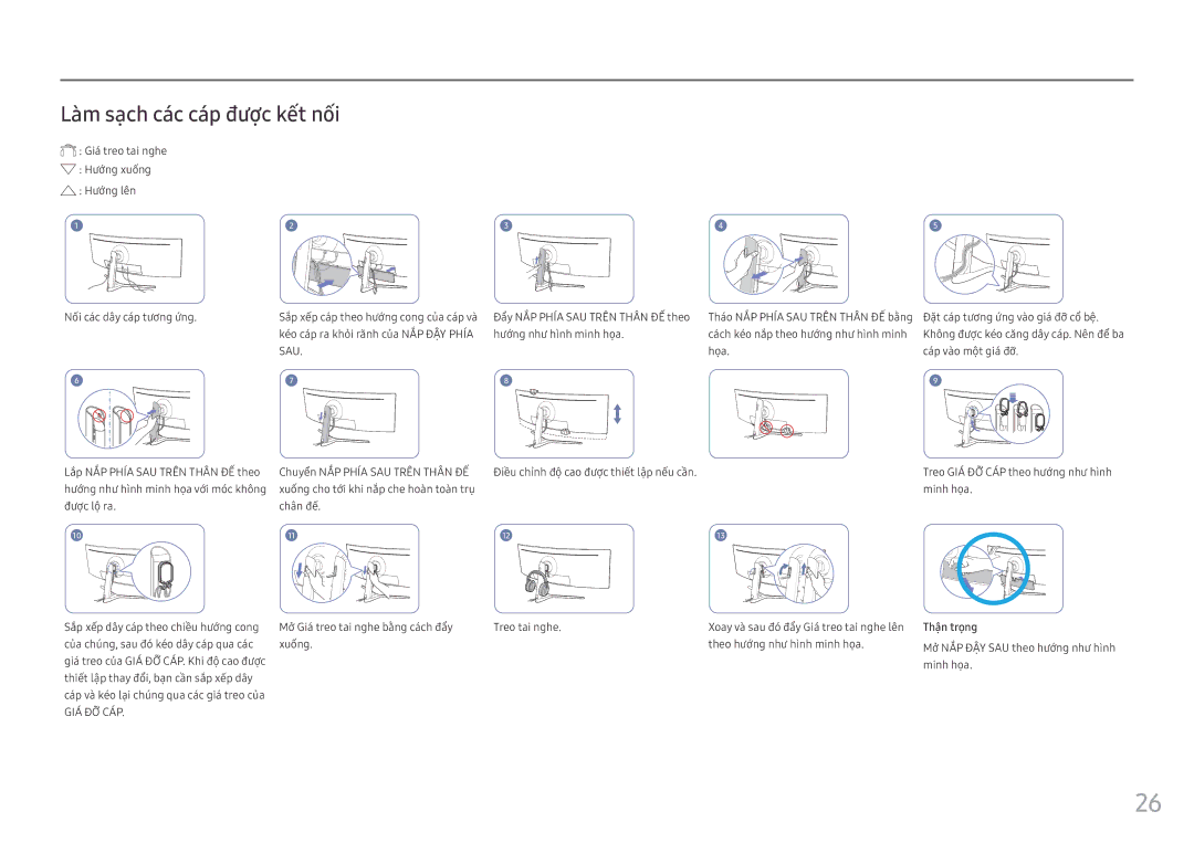 Samsung LC49HG90DMEXXV manual Làm sạ̣ch các cáp đượ̣c kết nối, Mở̉ Giá́ treo tai nghe bằ̀ng cá́ch đẩ̉y Treo tai nghe 