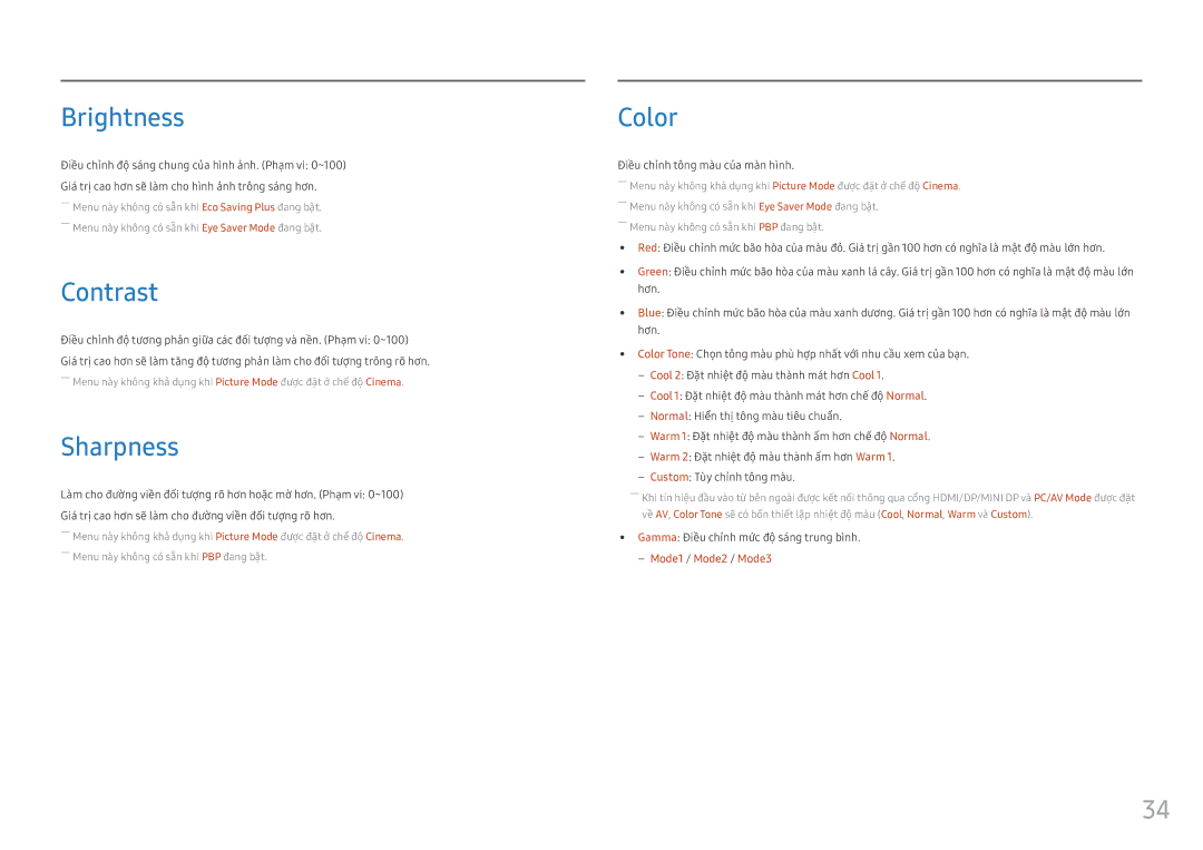 Samsung LC49HG90DMEXXV manual Brightness, Contrast, Sharpness, Color, Điều chinh tông màu của màn hình 