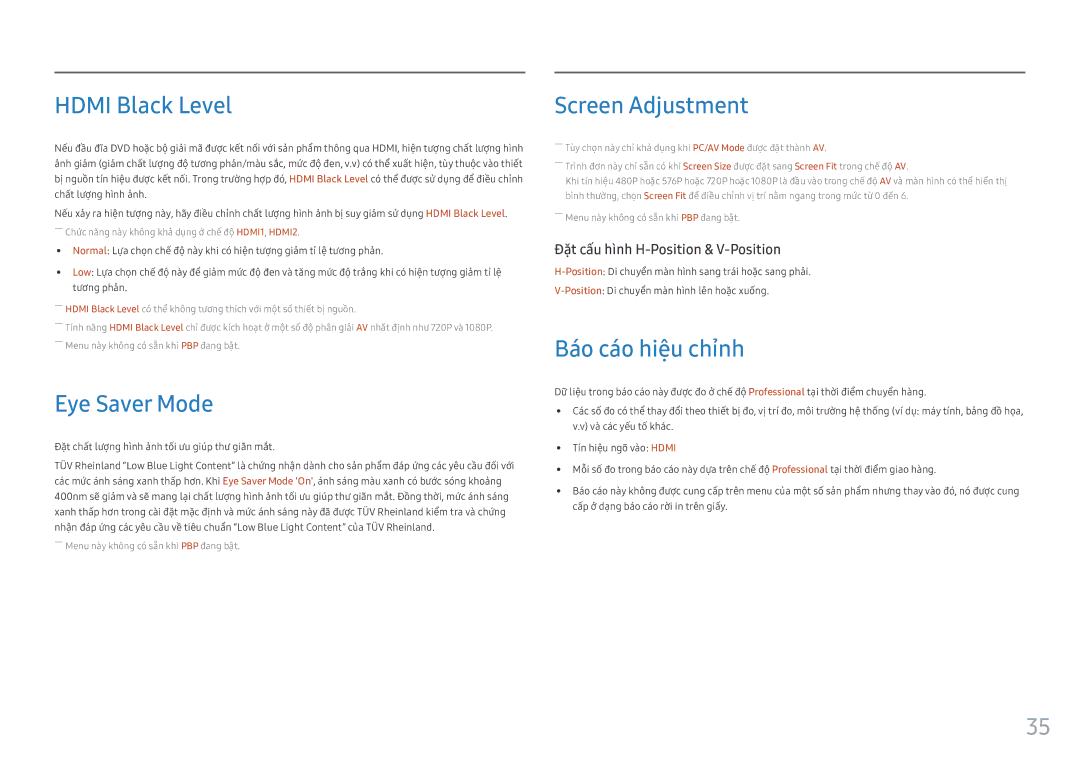 Samsung LC49HG90DMEXXV manual Hdmi Black Level, Eye Saver Mode, Screen Adjustment, Báo cáo hiệu chỉnh 