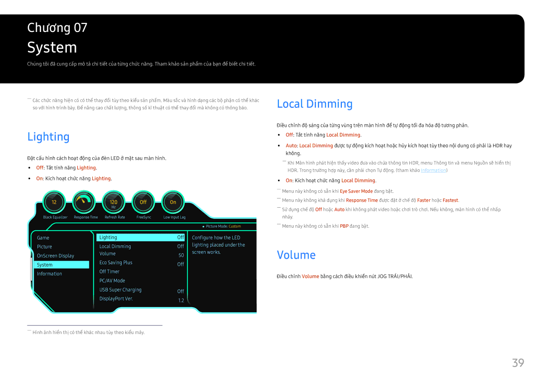 Samsung LC49HG90DMEXXV manual System, Lighting, Volume, On Kí́ch hoạ̣t chức năng Local Dimming 