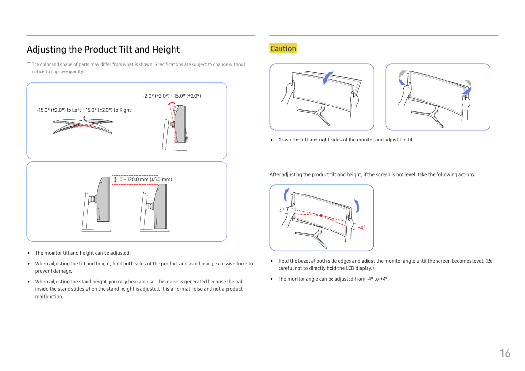 Samsung LC49HG90DMUXEN, LC49HG90DMEXXV, LC49HG90DMIXCI, LC49HG90DMMXCH manual Adjusting the Product Tilt and Height, +4˚ 