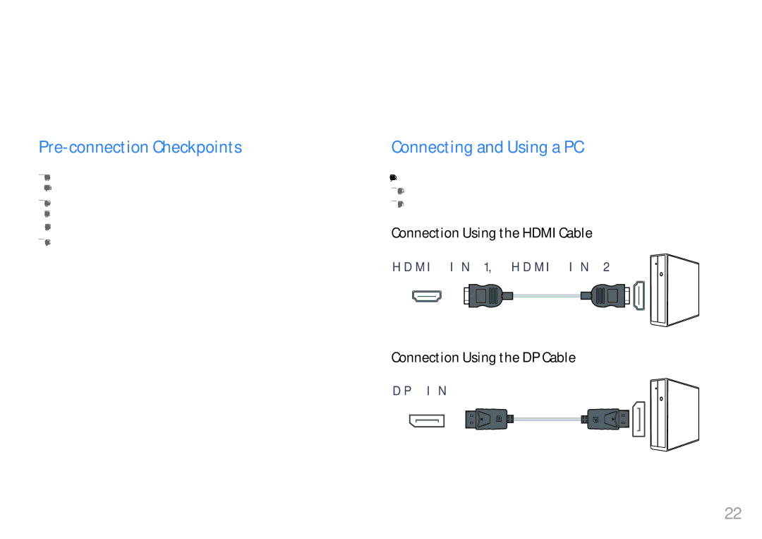 Samsung LC49HG90DMIXCI manual Connecting and Using a Source Device, Pre-connection Checkpoints, Connecting and Using a PC 