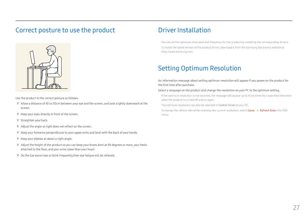 Samsung LC49HG90DMMXCH, LC49HG90DMUXEN Correct posture to use the product, Driver Installation, Setting Optimum Resolution 