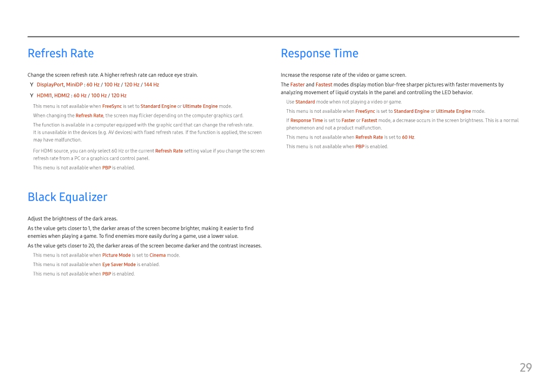 Samsung LC49HG90DMEXXV manual Refresh Rate, Black Equalizer, Response Time, Adjust the brightness of the dark areas 