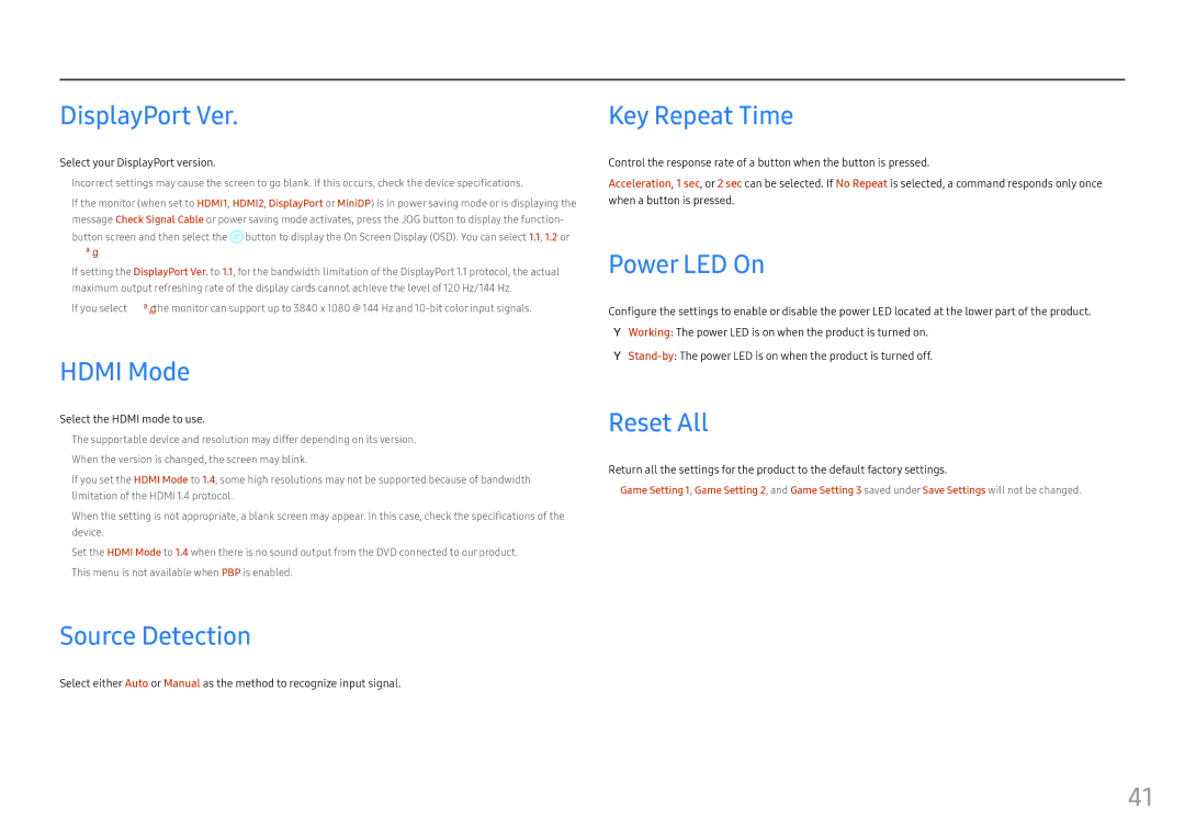 Samsung LC49HG90DMEXXV manual DisplayPort Ver, Hdmi Mode, Source Detection, Key Repeat Time, Power LED On, Reset All 