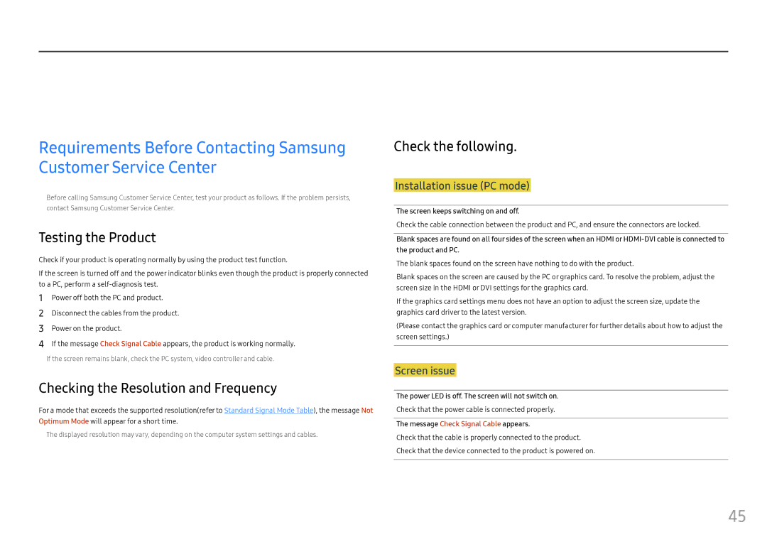 Samsung LC49HG90DMEXXV, LC49HG90DMUXEN Troubleshooting Guide, Testing the Product, Checking the Resolution and Frequency 