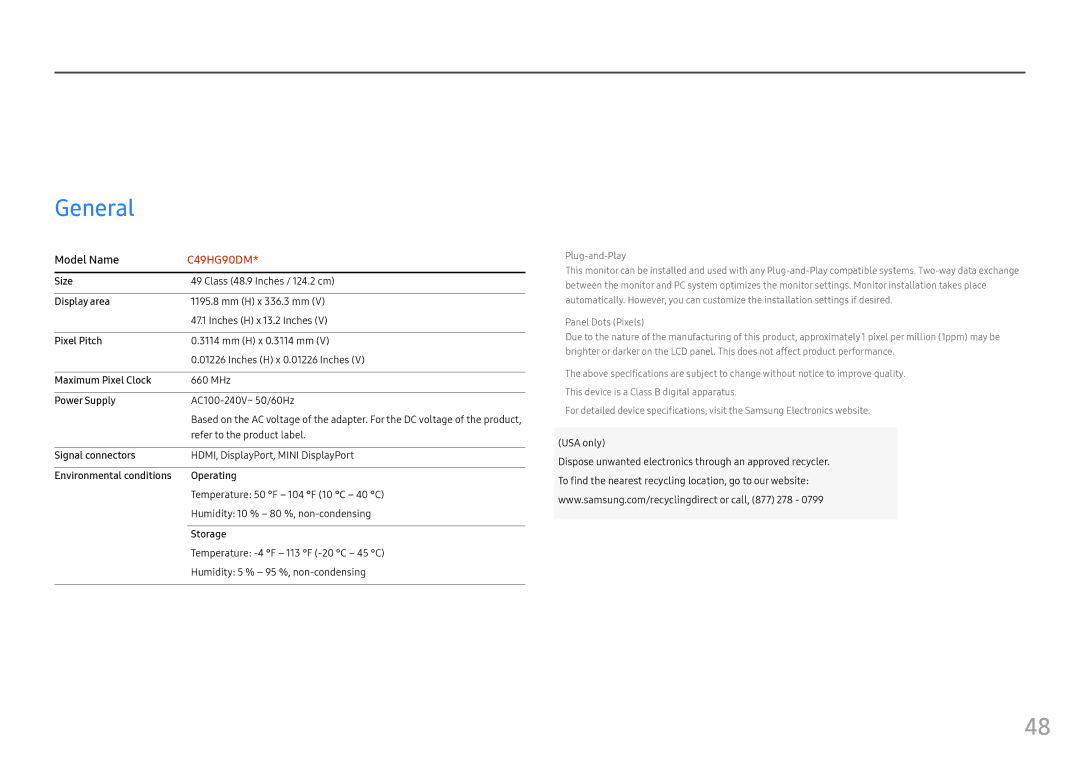 Samsung LC49HG90DMUXEN, LC49HG90DMEXXV, LC49HG90DMIXCI, LC49HG90DMMXCH manual Specifications, General 