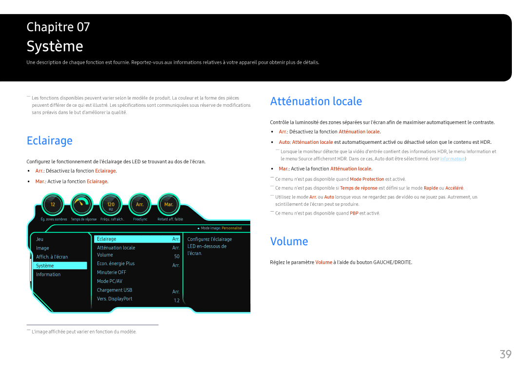 Samsung LC49HG90DMUXEN manual Système, Eclairage, Volume, Mar. Active la fonction Atténuation locale 
