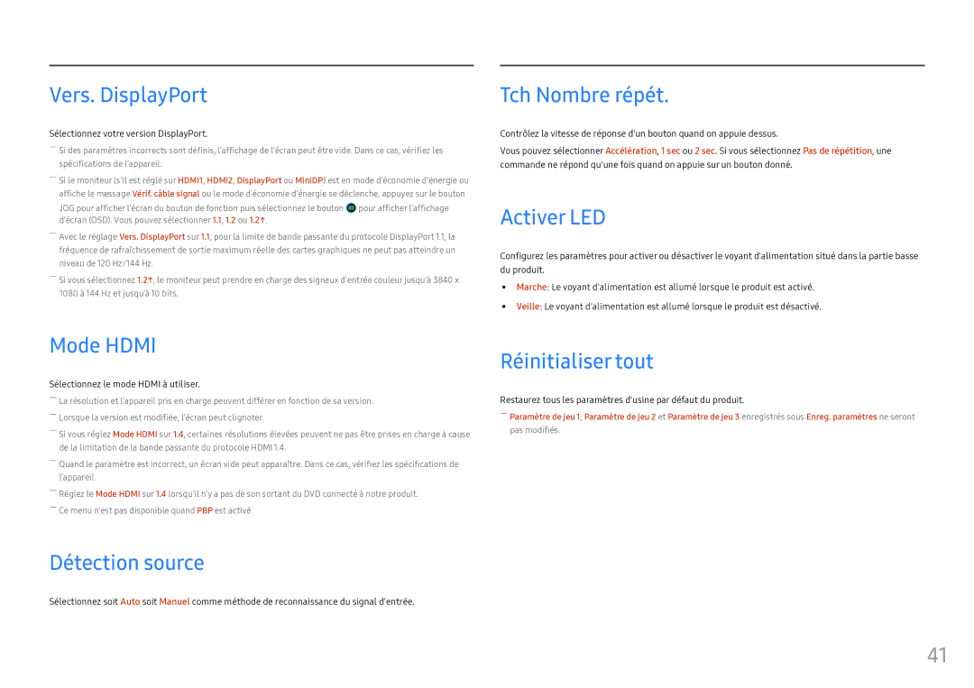 Samsung LC49HG90DMUXEN Vers. DisplayPort, Tch Nombre répét, Activer LED, Mode Hdmi, Détection source, Réinitialiser tout 