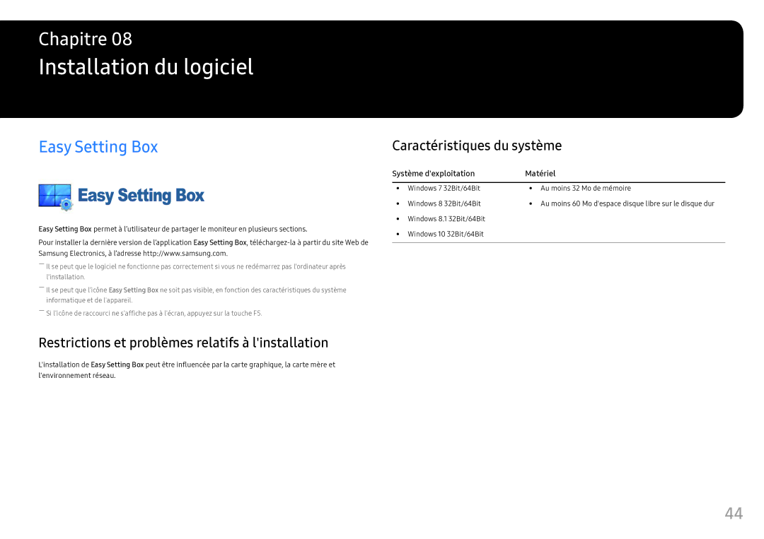 Samsung LC49HG90DMUXEN Installation du logiciel, Easy Setting Box, Restrictions et problèmes relatifs à linstallation 