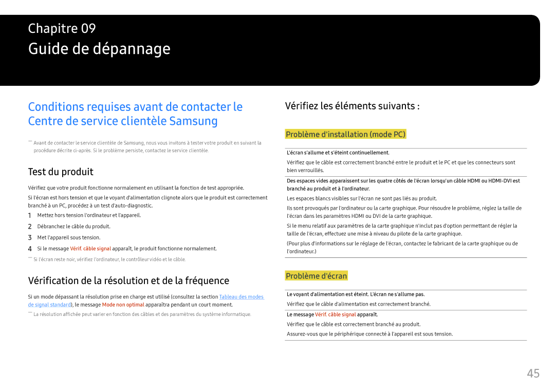 Samsung LC49HG90DMUXEN manual Guide de dépannage, Test du produit, Vérification de la résolution et de la fréquence 