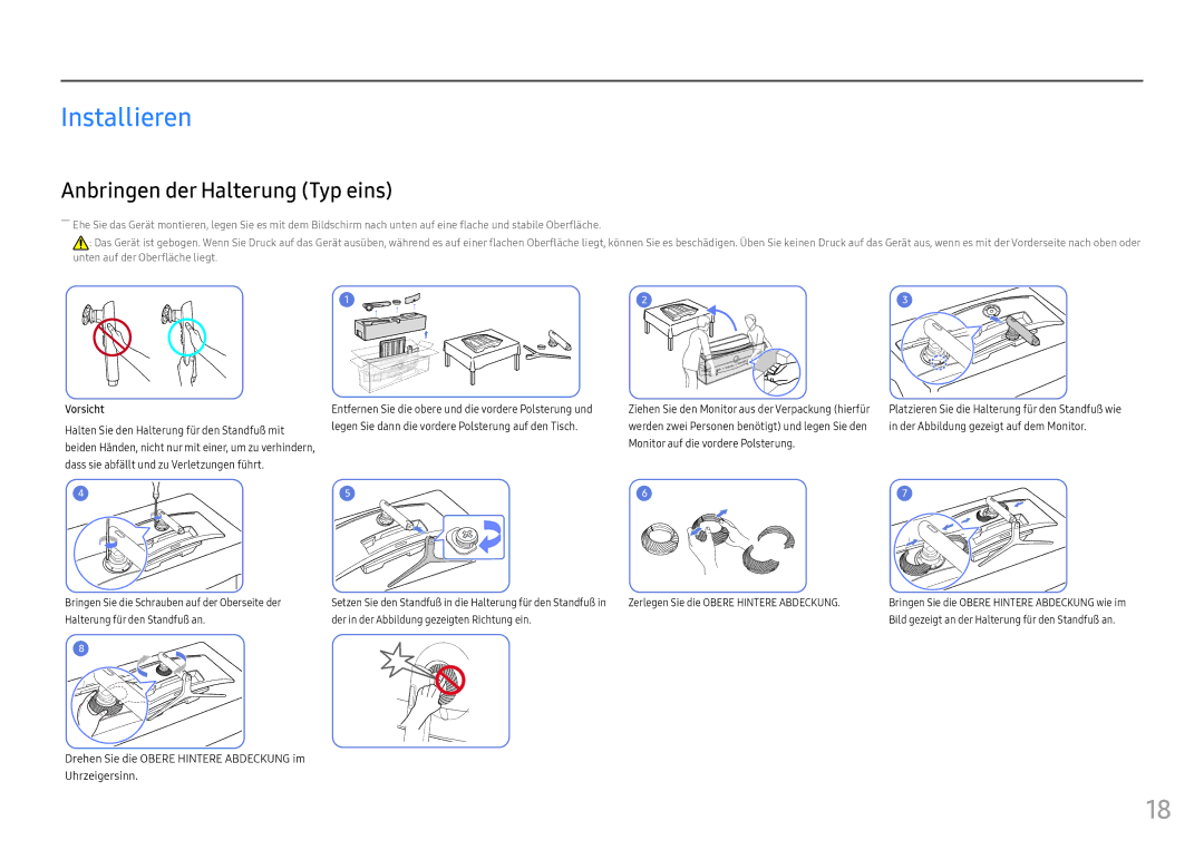 Samsung LC49HG90DMUXEN manual Installieren, Anbringen der Halterung Typ eins, Vorsicht 