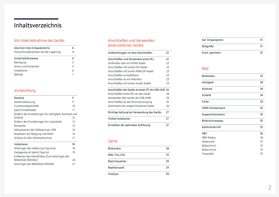 Samsung LC49HG90DMUXEN manual Inhaltsverzeichnis 