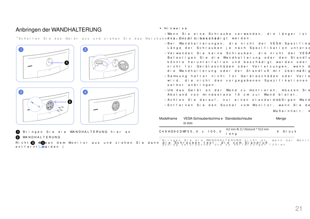 Samsung LC49HG90DMUXEN manual Anbringen der Wandhalterung 