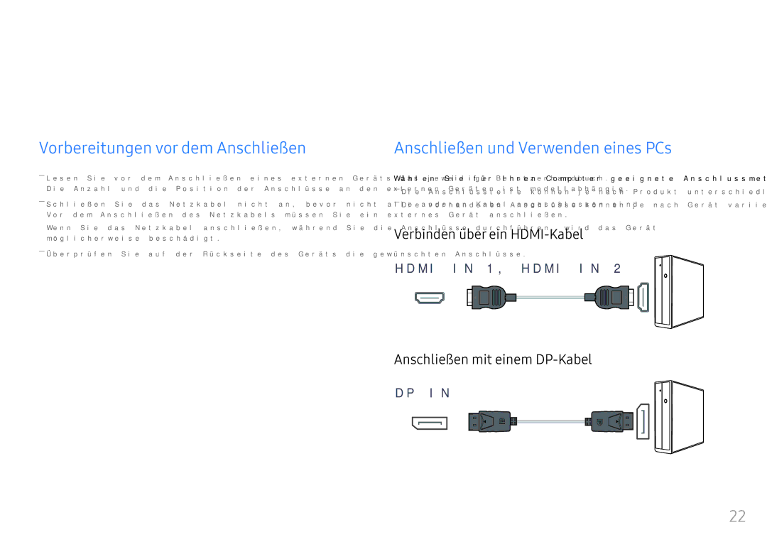 Samsung LC49HG90DMUXEN manual Anschließen und Verwenden eines externen Geräts, Vorbereitungen vor dem Anschließen 