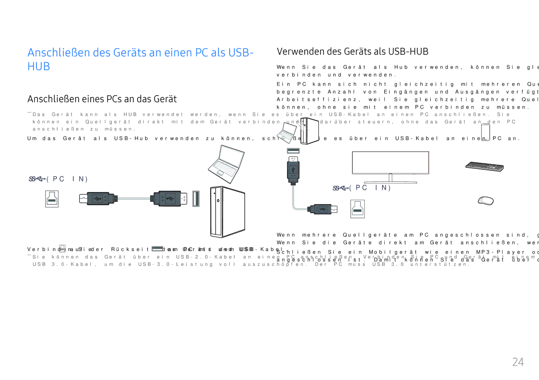 Samsung LC49HG90DMUXEN manual Anschließen eines PCs an das Gerät, Verwenden des Geräts als USB-HUB 