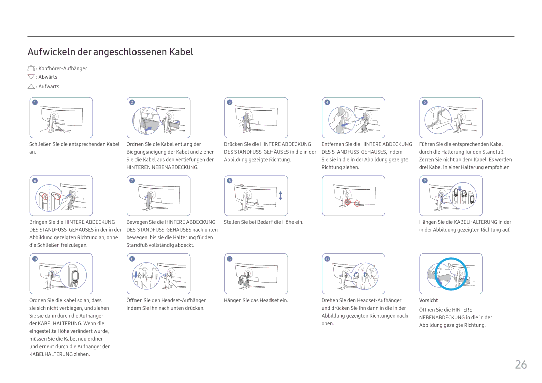 Samsung LC49HG90DMUXEN manual Aufwickeln der angeschlossenen Kabel, Drücken Sie die Hintere Abdeckung 