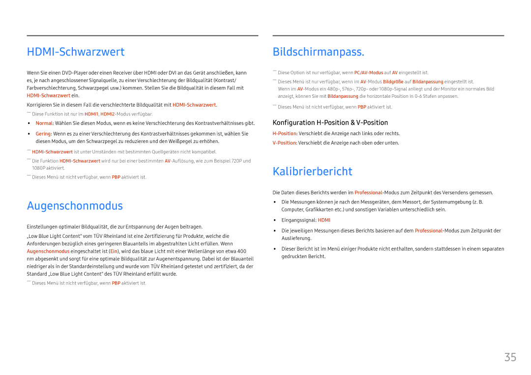 Samsung LC49HG90DMUXEN manual HDMI-Schwarzwert, Augenschonmodus, Bildschirmanpass, Kalibrierbericht 