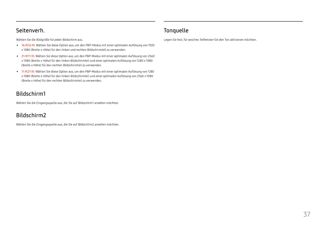 Samsung LC49HG90DMUXEN Seitenverh Tonquelle, Bildschirm1, Bildschirm2, Wählen Sie die Bildgröße für jeden Bildschirm aus.⁜ 