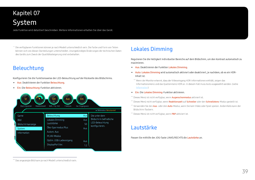 Samsung LC49HG90DMUXEN manual System, Beleuchtung, Lautstärke, Ein Die Lokales Dimming-Funktion aktivieren 