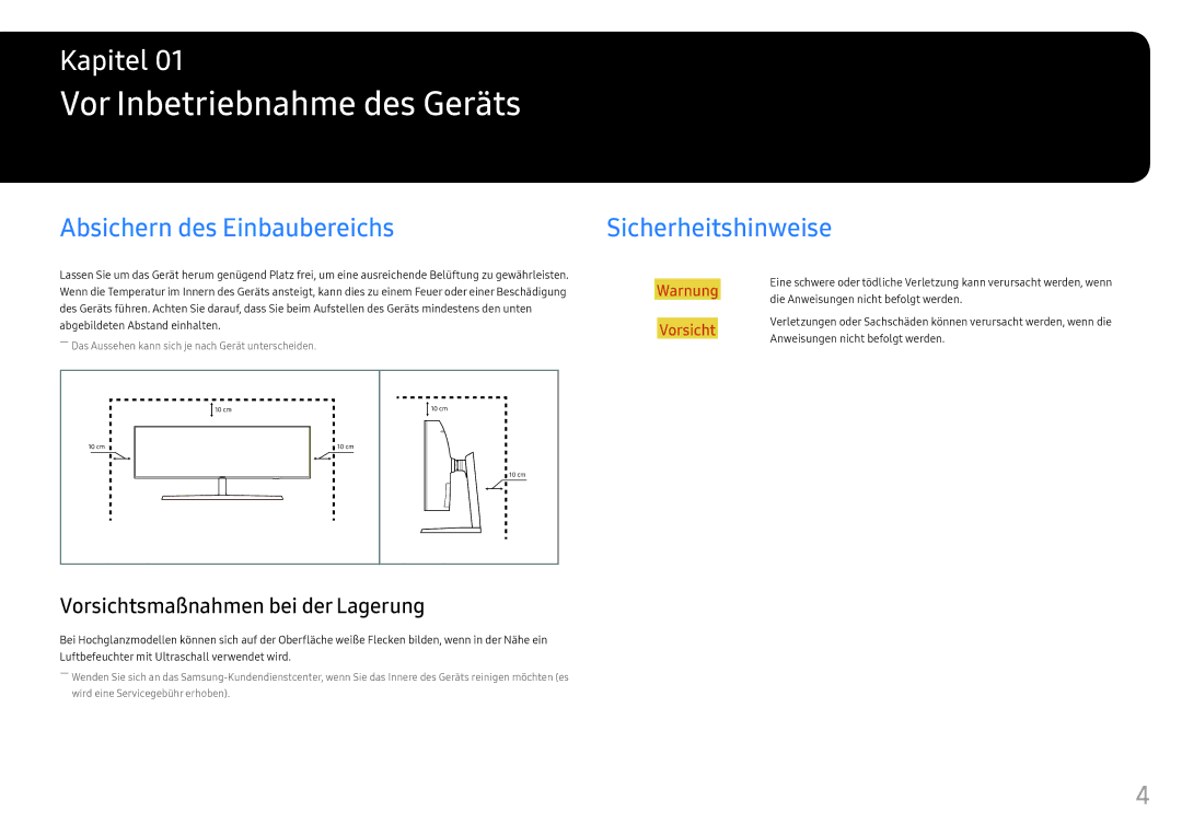 Samsung LC49HG90DMUXEN manual Vor Inbetriebnahme des Geräts, Absichern des Einbaubereichs, Sicherheitshinweise 