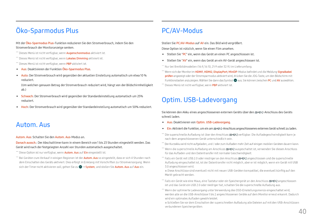 Samsung LC49HG90DMUXEN manual Öko-Sparmodus Plus, Autom. Aus, PC/AV-Modus, Optim. USB-Ladevorgang 