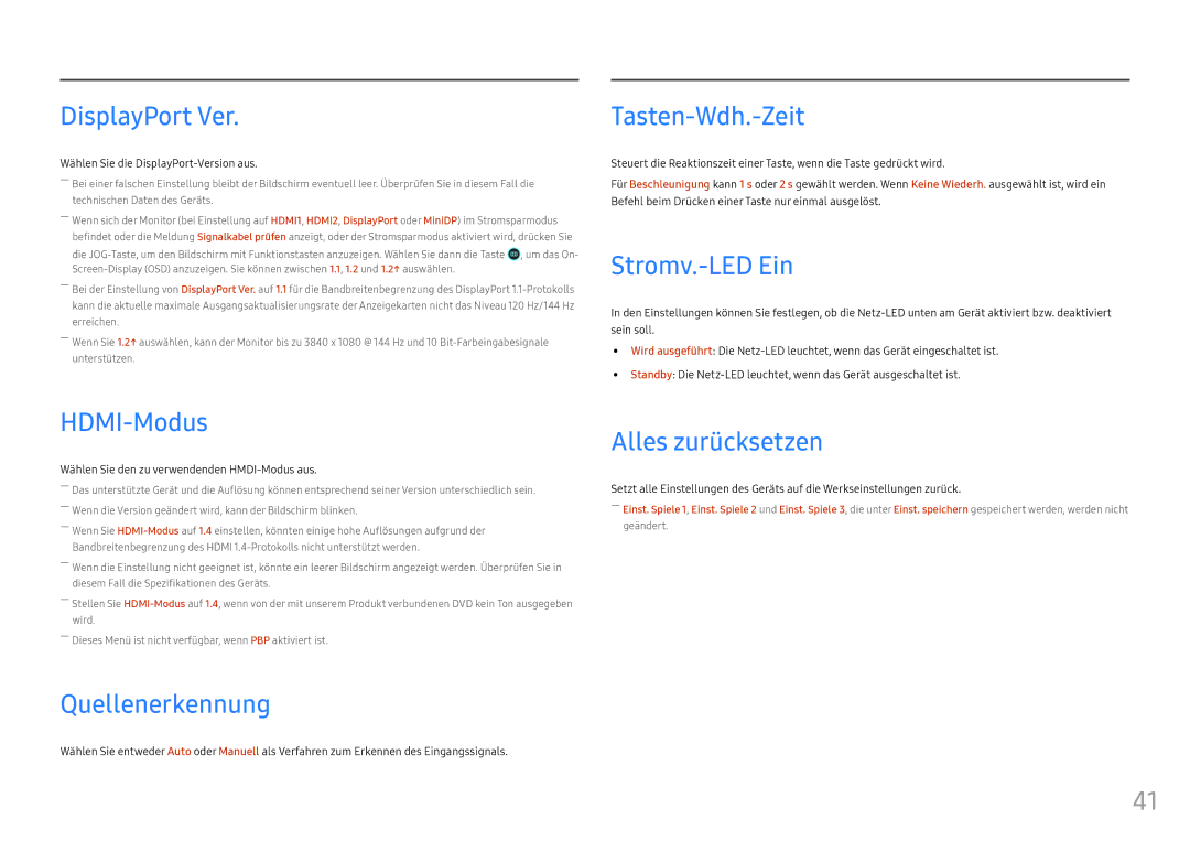 Samsung LC49HG90DMUXEN manual DisplayPort Ver, Tasten-Wdh.-Zeit, Stromv.-LED Ein, HDMI-Modus, Quellenerkennung 