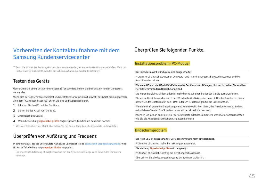 Samsung LC49HG90DMUXEN manual Handbuch zur Fehlerbehebung, Testen des Geräts, Überprüfen von Auflösung und Frequenz 