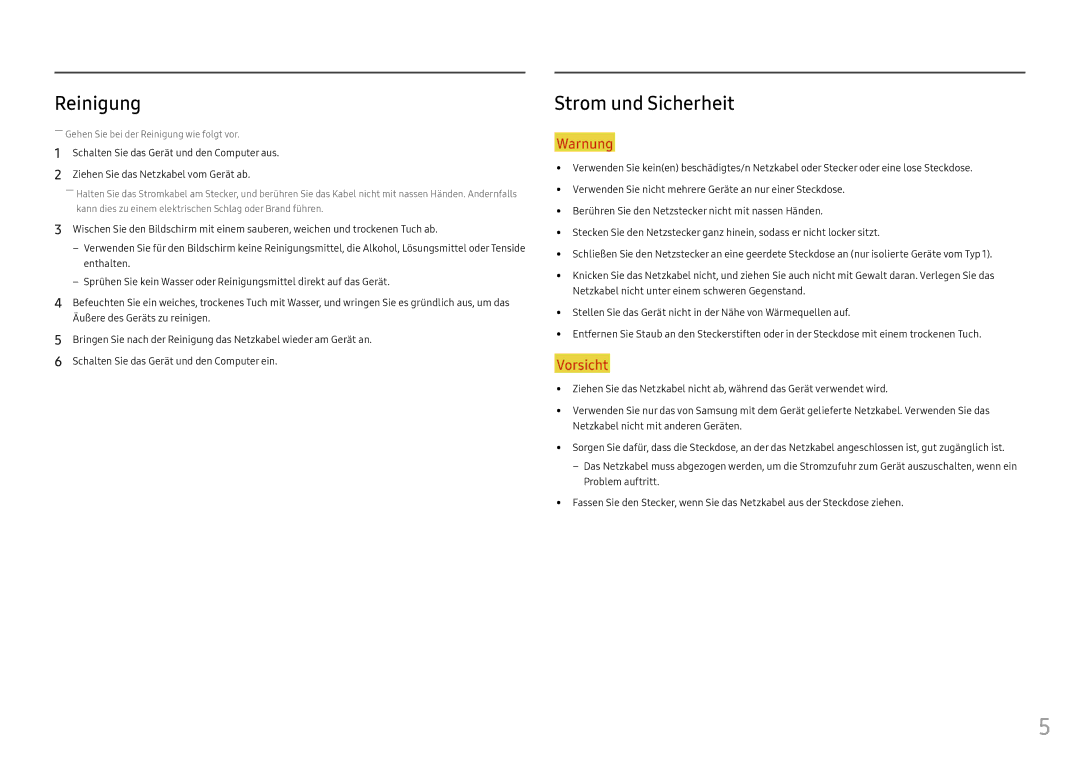 Samsung LC49HG90DMUXEN manual Reinigung, Strom und Sicherheit 