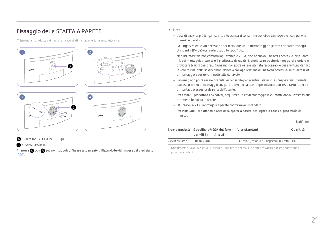 Samsung LC49HG90DMUXEN manual Fissaggio della Staffa a Parete, Allineare B con 