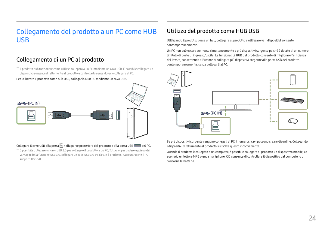 Samsung LC49HG90DMUXEN manual Collegamento del prodotto a un PC come HUB USB, Collegamento di un PC al prodotto 