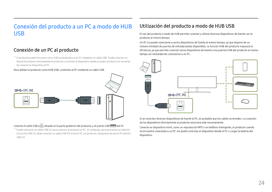 Samsung LC49HG90DMUXEN manual Conexión del producto a un PC a modo de HUB USB, Conexión de un PC al producto 