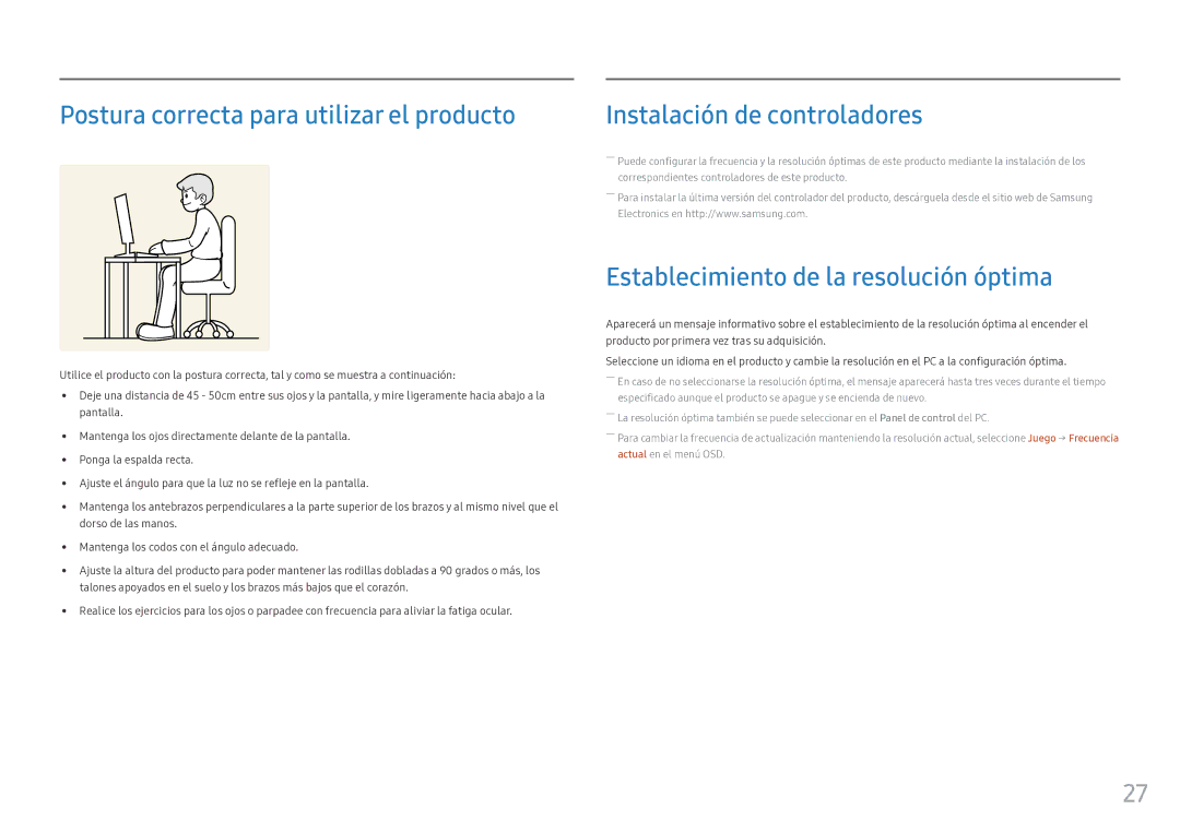 Samsung LC49HG90DMUXEN manual Postura correcta para utilizar el producto, Instalación de controladores 